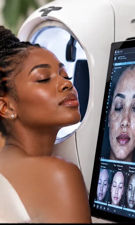 A client having a facial skin scan, with detailed skin analysis displayed on screen