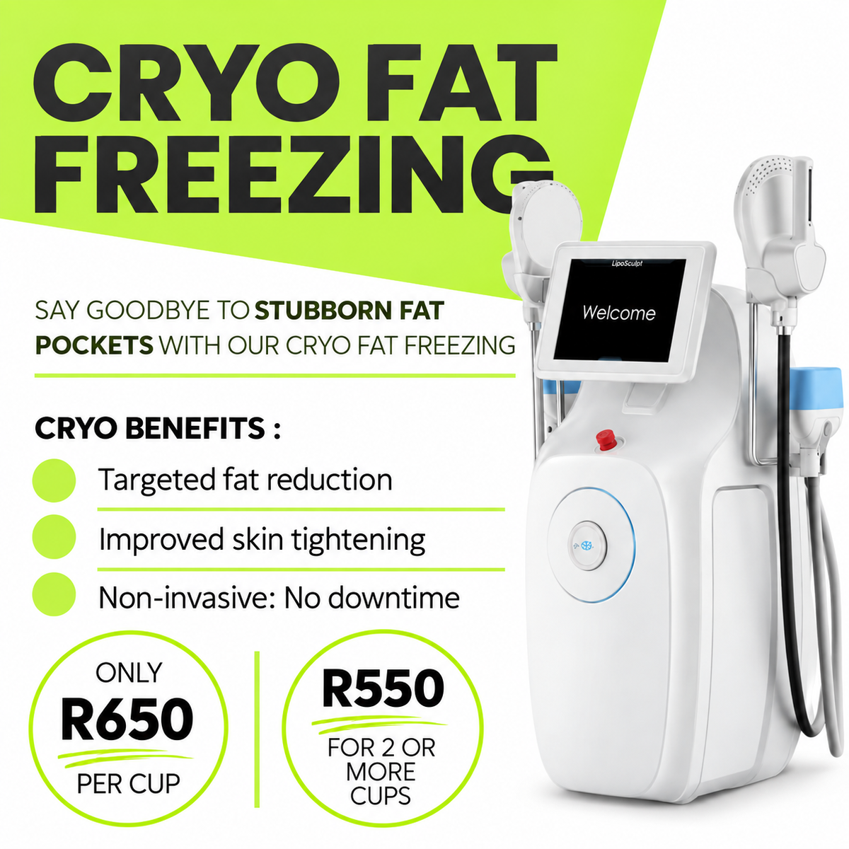 Treatment promotion listing three benefits, R650 per cup and R550 for two or more cups.
