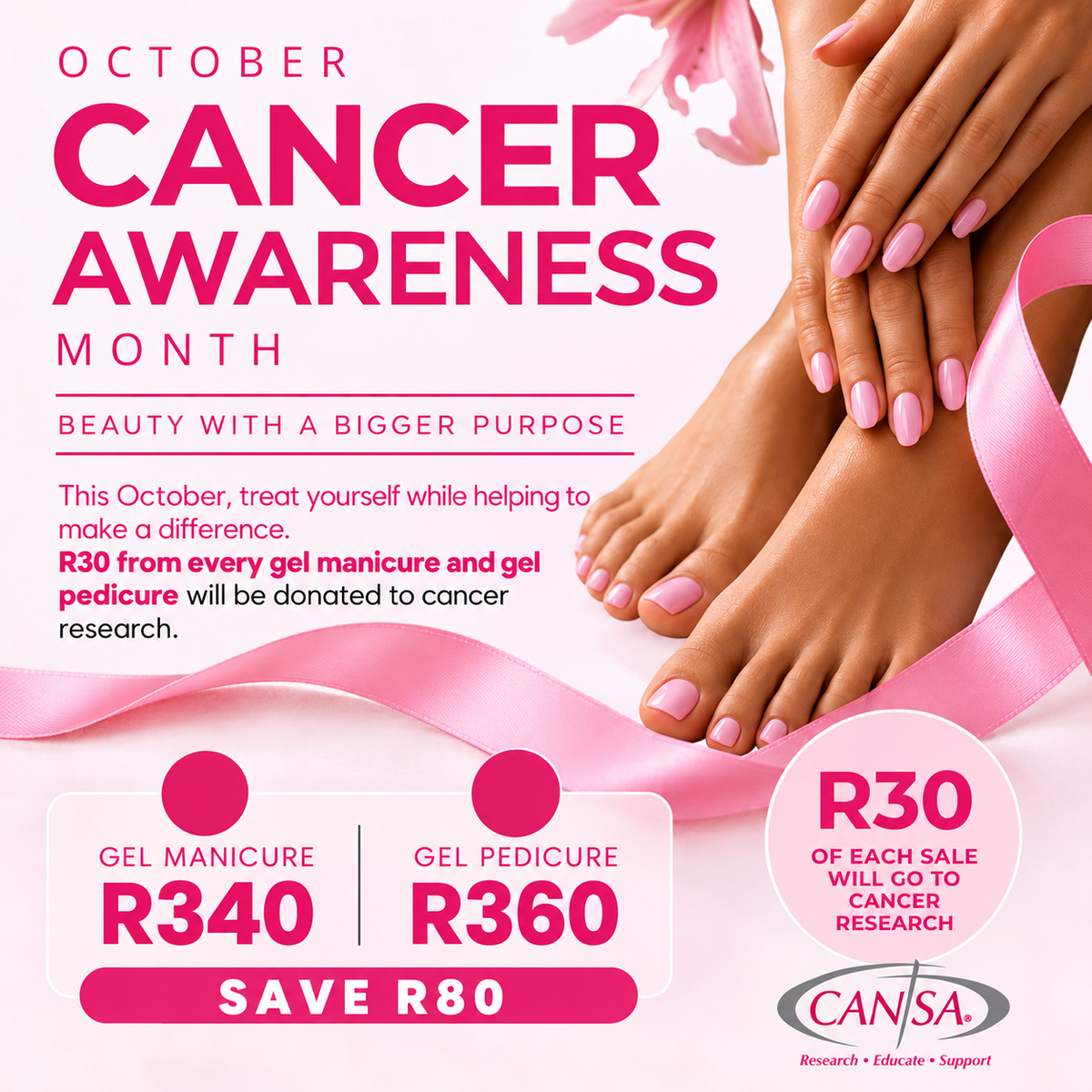 October gel manicure at R340 and gel pedicure at R360, with R80 savings and R30 from each sale donated to cancer research.
