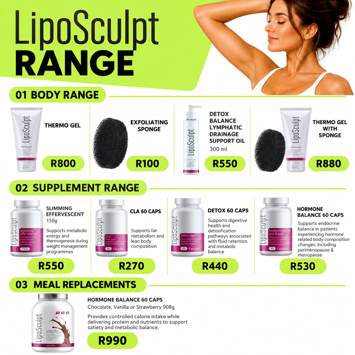 Product catalogue showing body-care products, supplements and meal replacements with prices from R100 to R990.